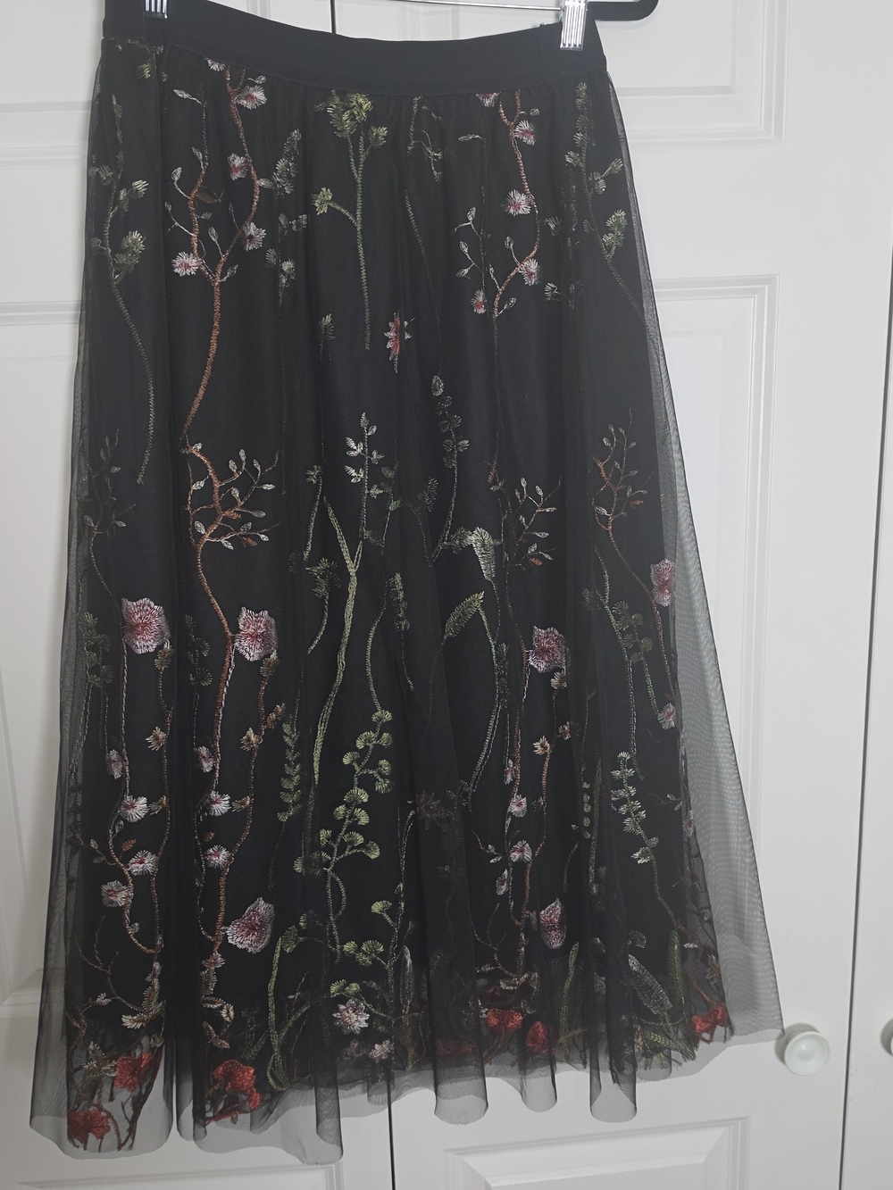 Black Embroidered Floral Tulle Midi Skirt XL Romantic Cottagecore Mesh